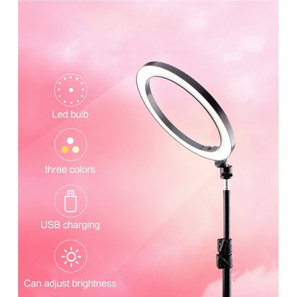 LED Selfie Three-speed Cold Warm Stepless Lighting Dimmable LED Ring Light Video Lamp, Tripod Ring Light